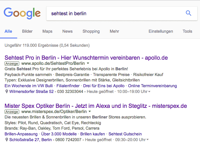 Google-Suche Sehtest in Berlin